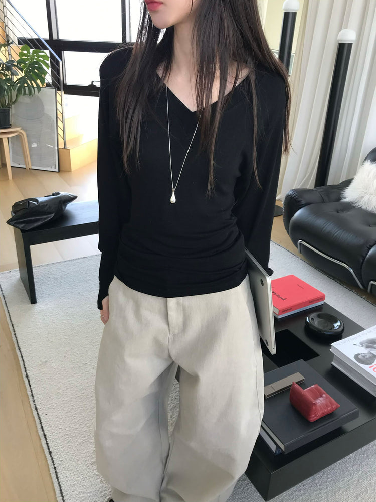 V領袖扣細節修腰上衣