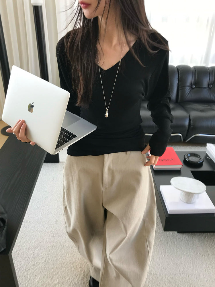 V領袖扣細節修腰上衣