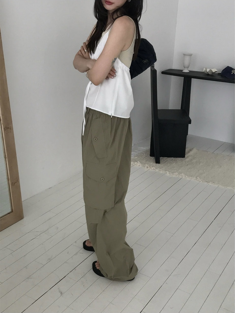 亞麻綁帶皺褶細節上衣