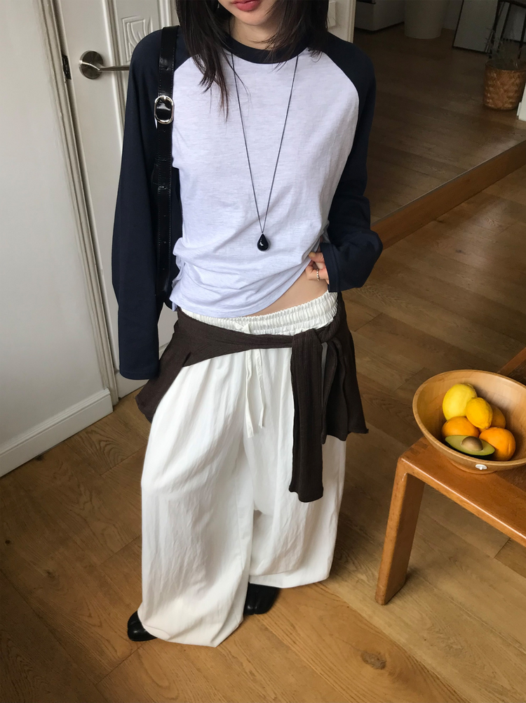 撞色牛角袖上衣