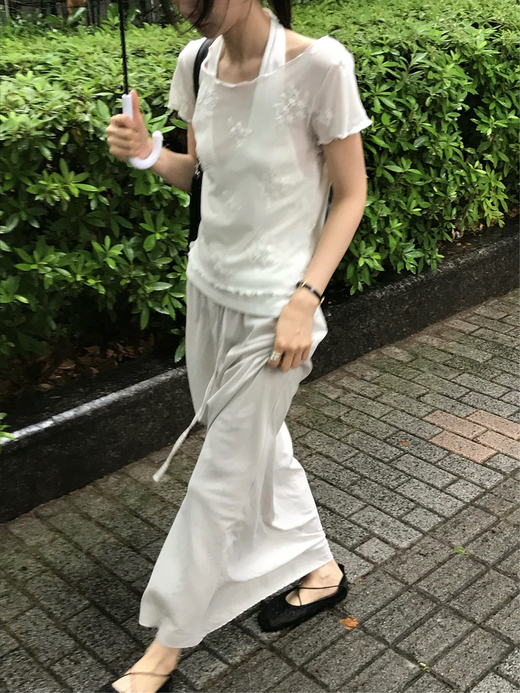 輕薄細腰頭抽繩及踝裙