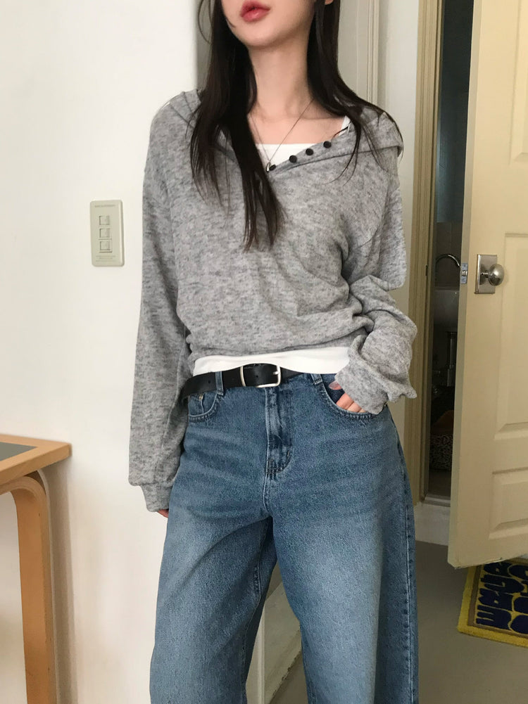 混色扣鈕細節連帽上衣