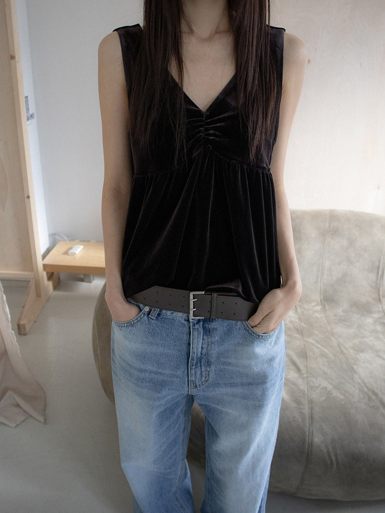絲絨V領抓皺細節背心
