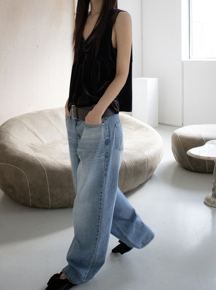 絲絨V領抓皺細節背心