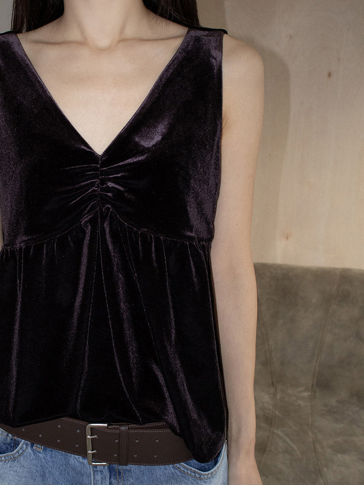 絲絨V領抓皺細節背心