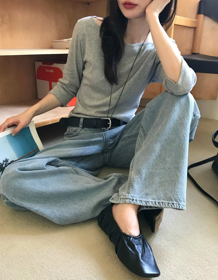 船領弧下擺七分袖上衣