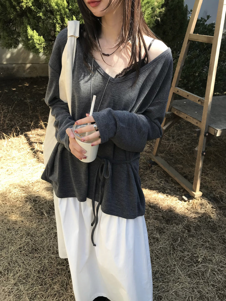 V領綁帶修腰細節上衣