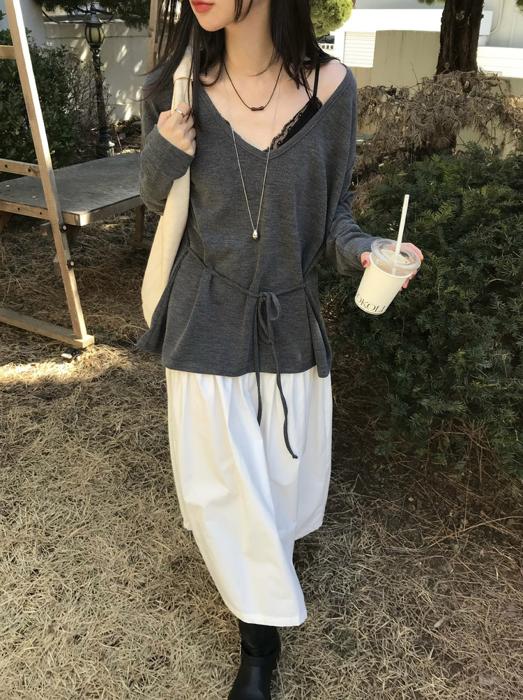 V領綁帶修腰細節上衣