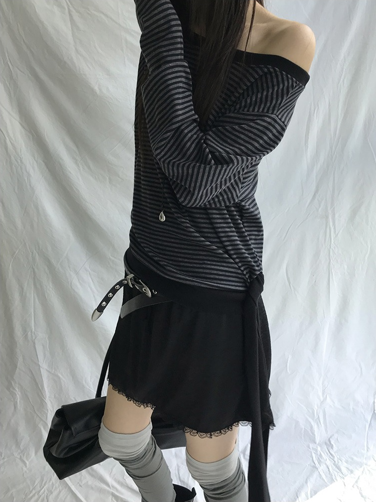 美肩撞色條紋側綁帶上衣