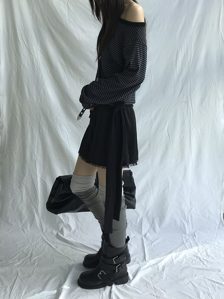 美肩撞色條紋側綁帶上衣