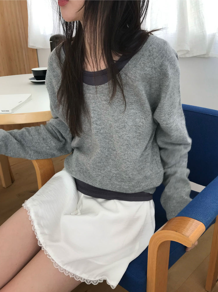 光澤感蕾絲邊細節短裙