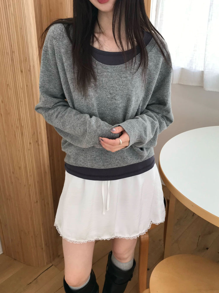 光澤感蕾絲邊細節短裙