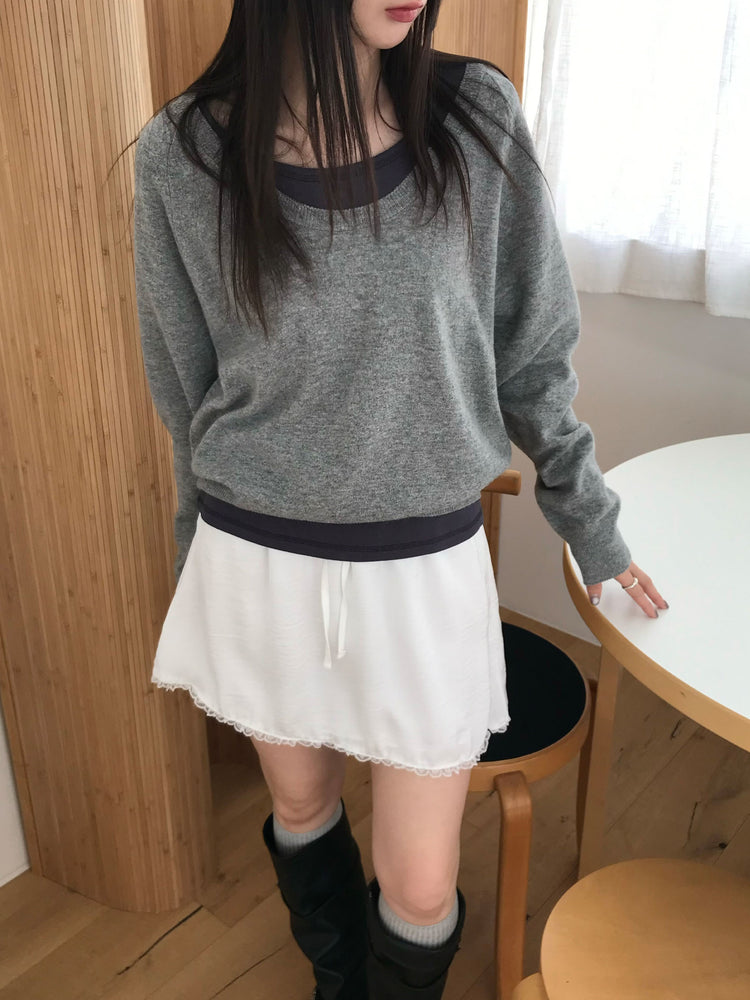 光澤感蕾絲邊細節短裙