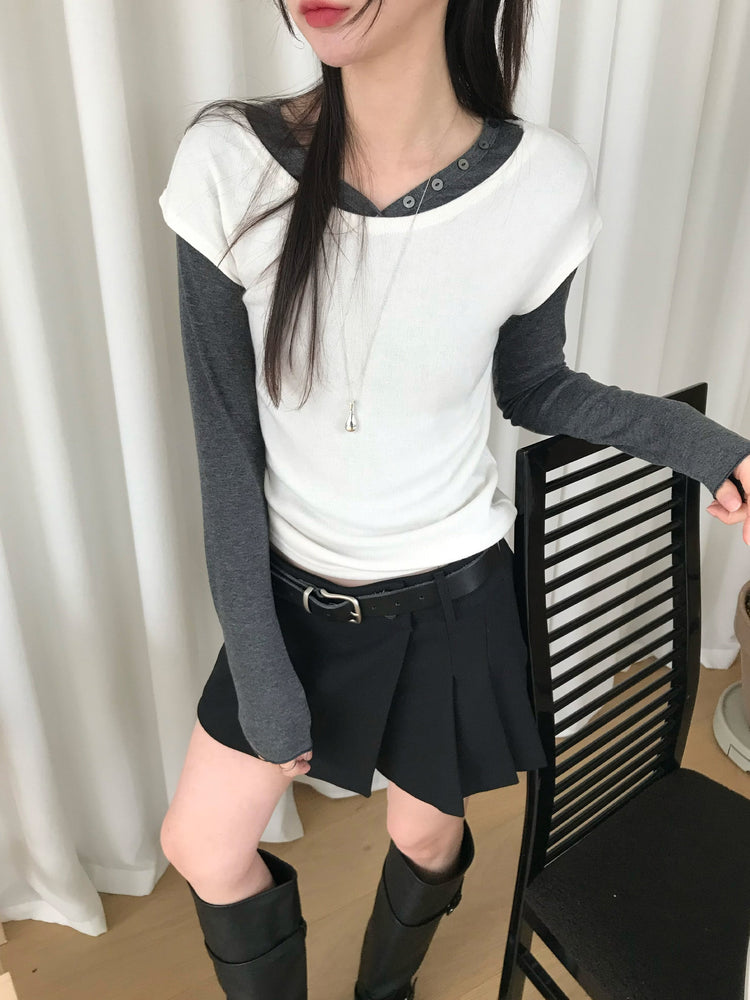 不對稱側扣百褶裙褲