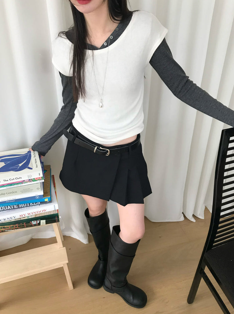 不對稱側扣百褶裙褲