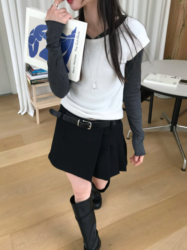 不對稱側扣百褶裙褲