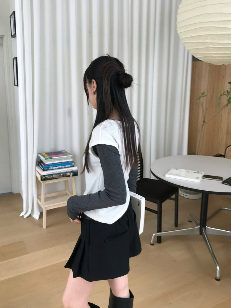 不對稱側扣百褶裙褲