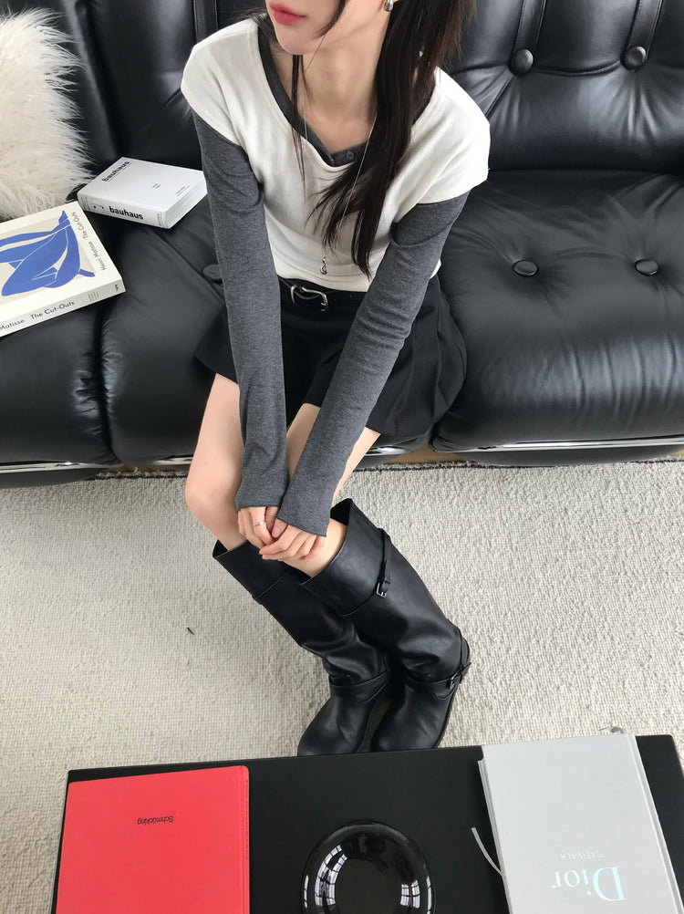 不對稱側扣百褶裙褲