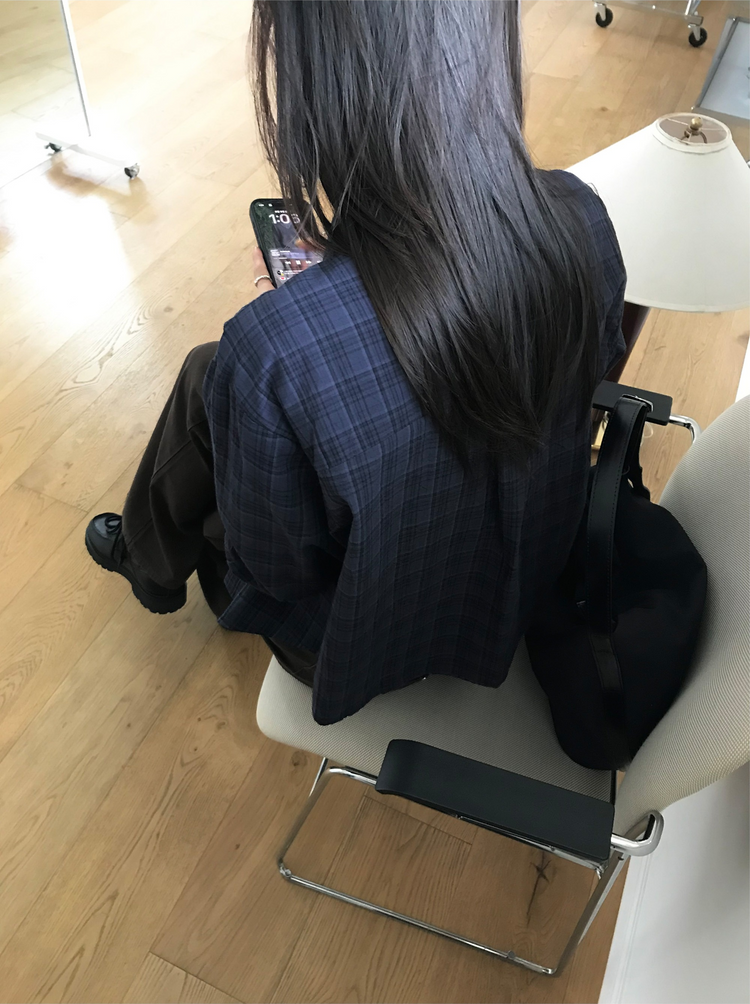 撞色格紋七分袖襯衫
