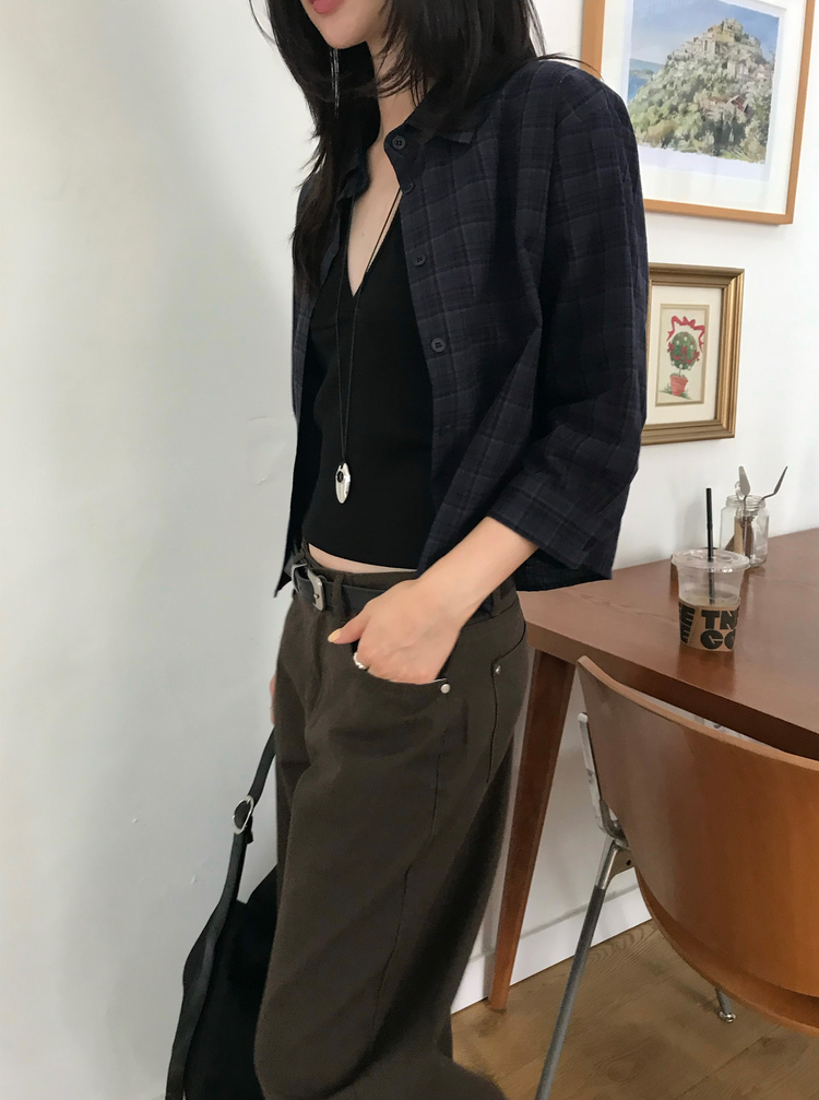 撞色格紋七分袖襯衫
