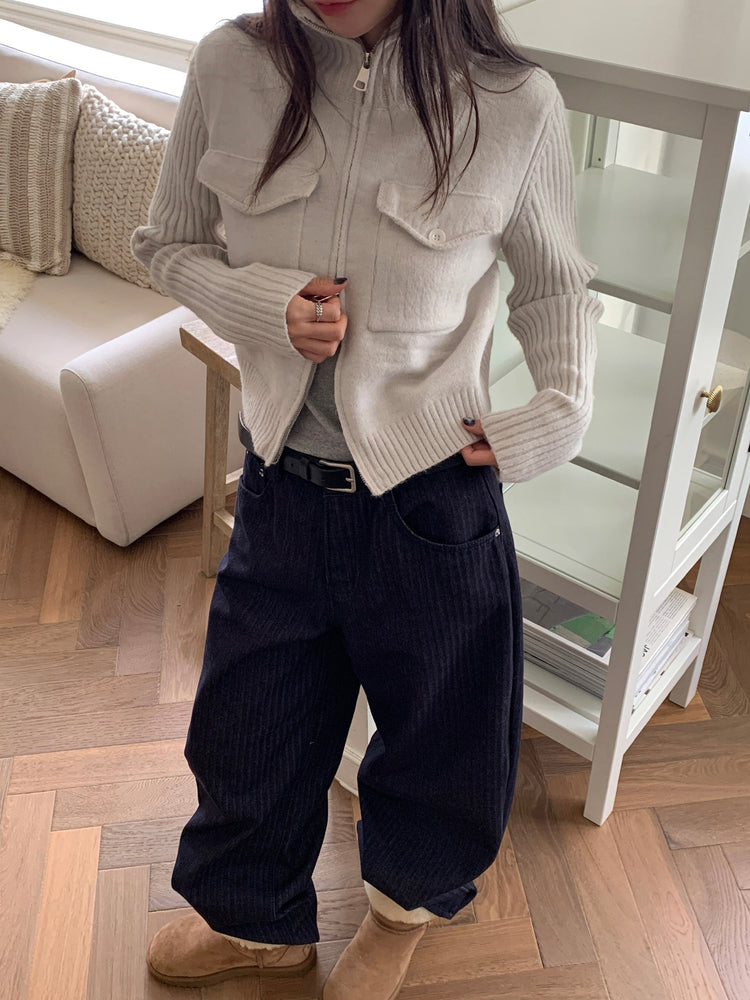 暗條紋細節繭型牛仔褲