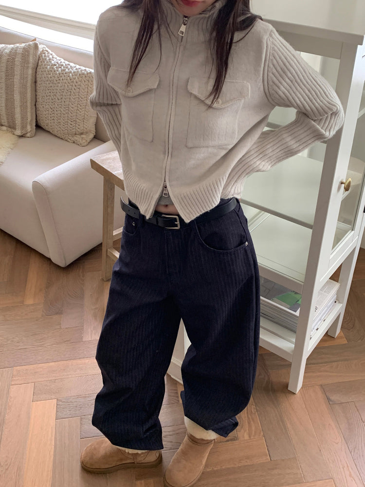 暗條紋細節繭型牛仔褲