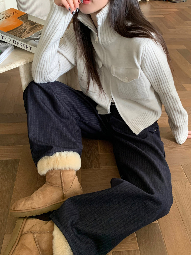 暗條紋細節繭型牛仔褲