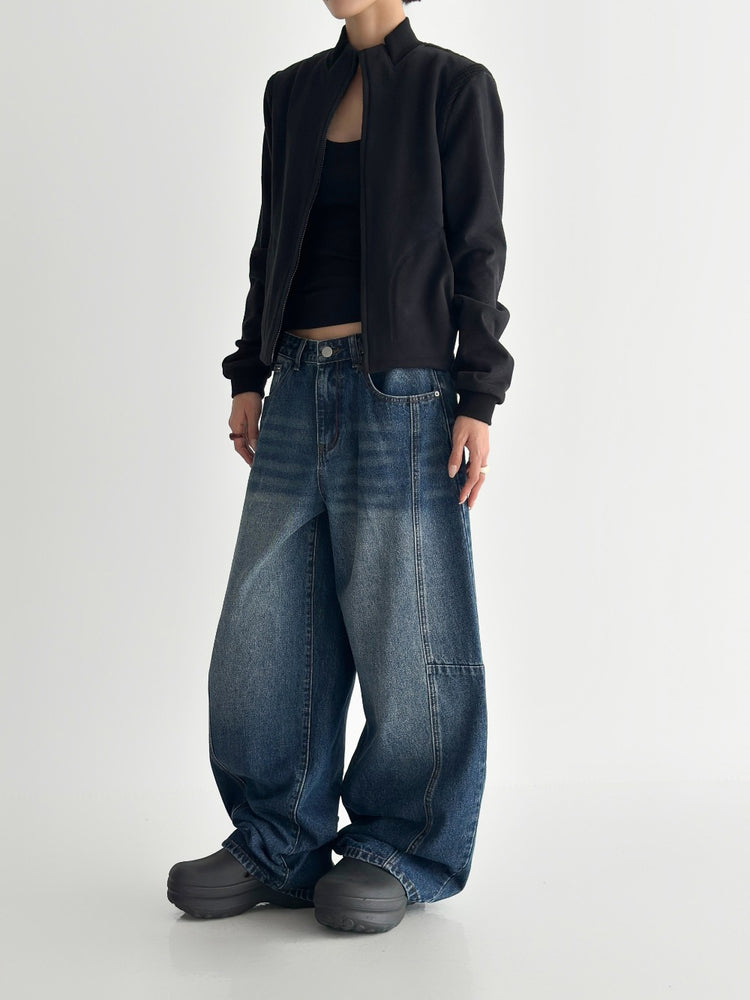 弧形側壓線廓形牛仔褲