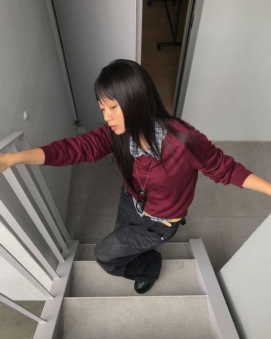 微透美色V領針織衫