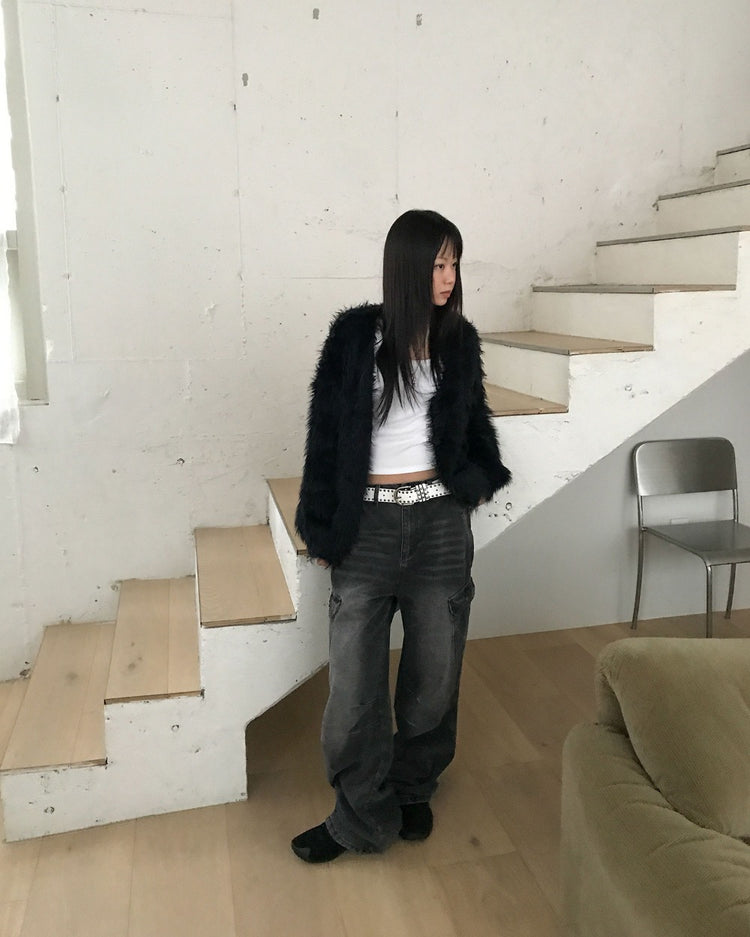 仿水貂毛質感排鈕寬鬆外套