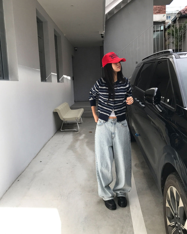 美色條紋排鈕針織外套