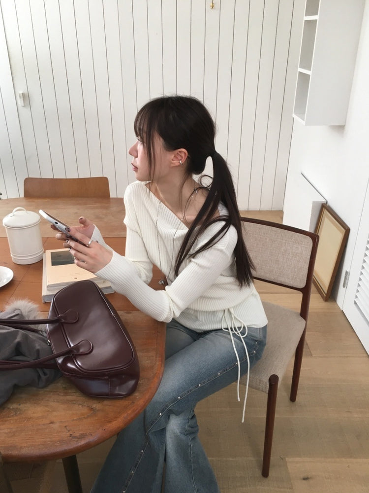 垂領綁帶修腰針織上衣