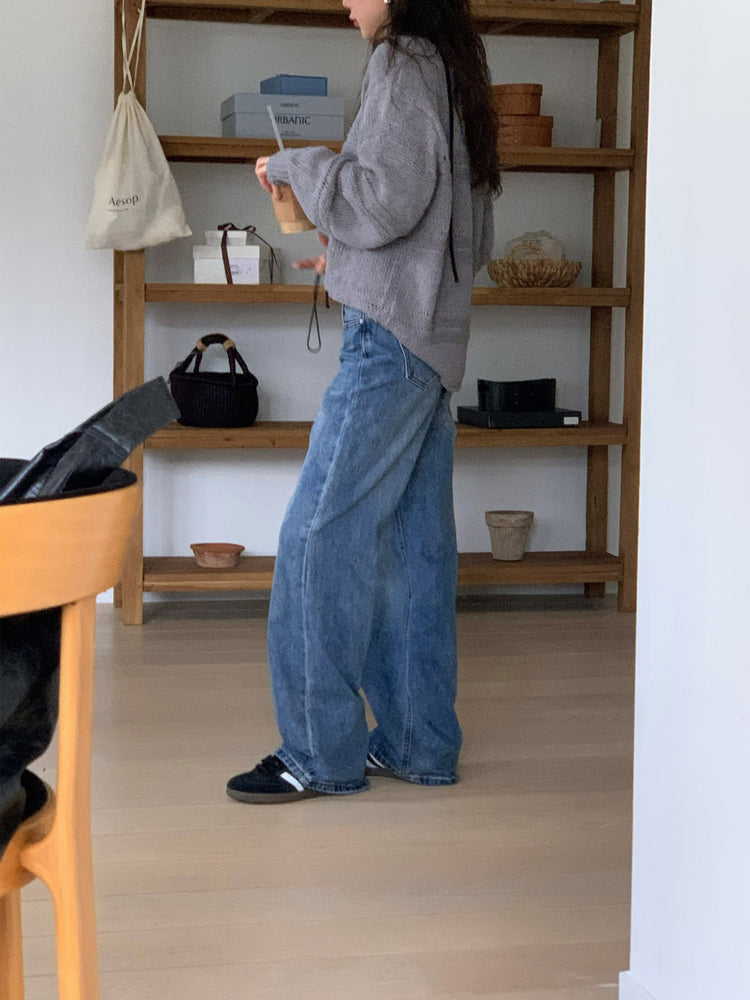 基礎復古美刷色直筒牛仔褲