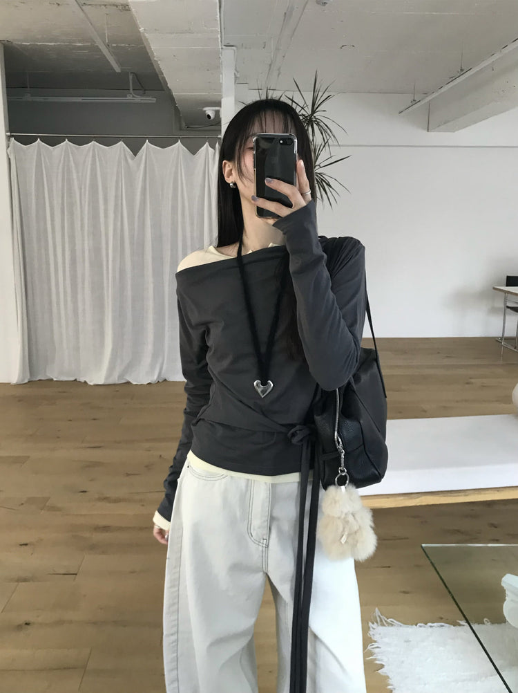 美肩抓皺綁帶細節上衣