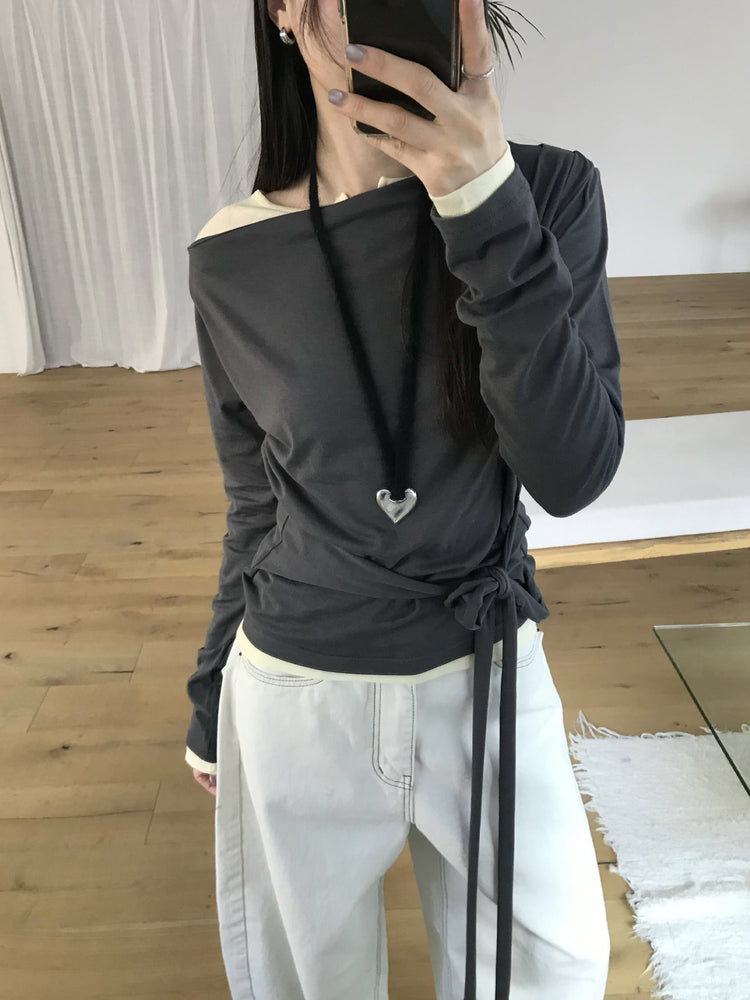 美肩抓皺綁帶細節上衣