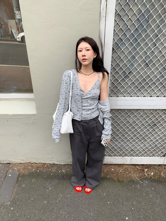 碎花華夫格背心連帽外套套裝