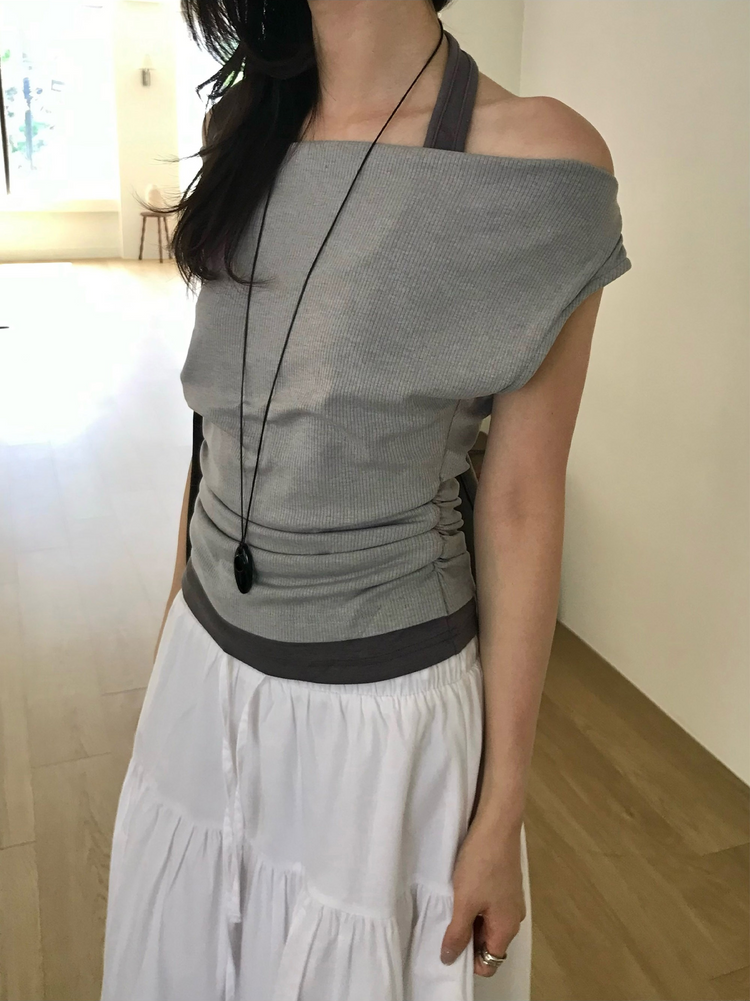 美肩抓皺細節假兩件上衣