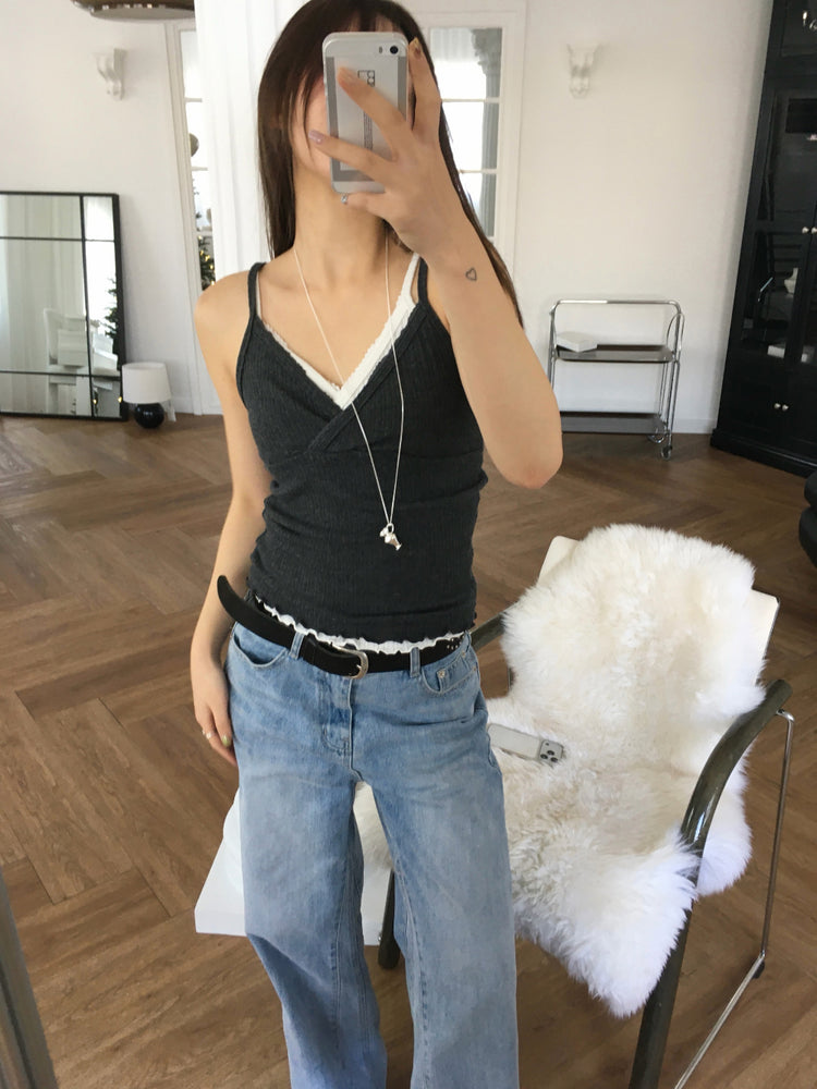 交疊蕾絲捲邊細節背心