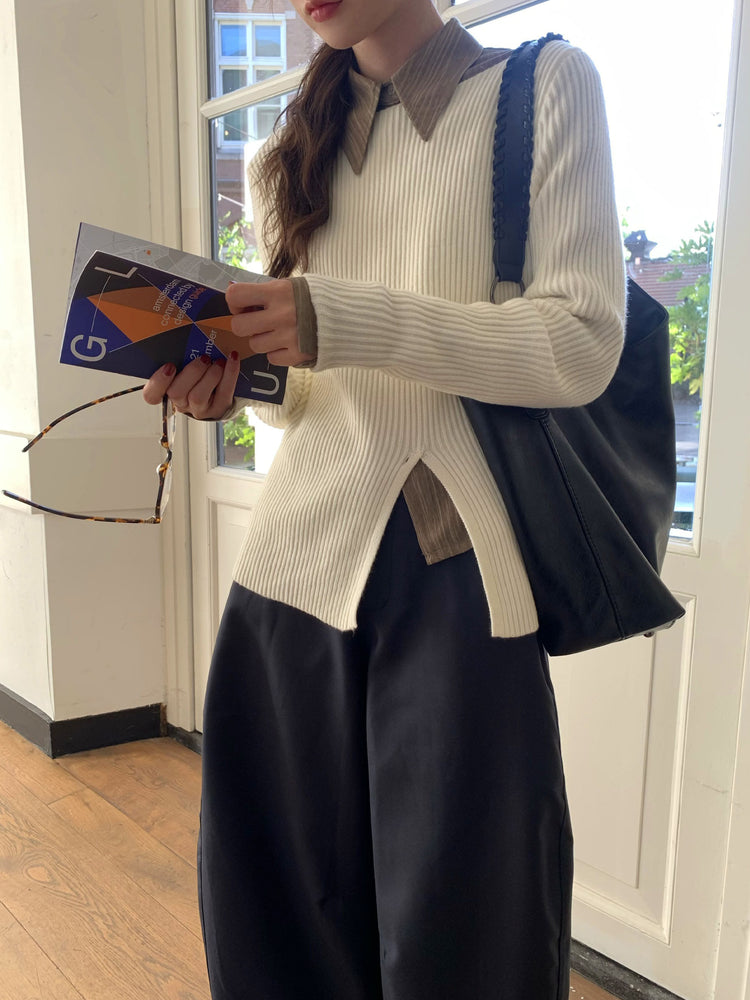 坑紋側開叉扣鈕細節針織上衣