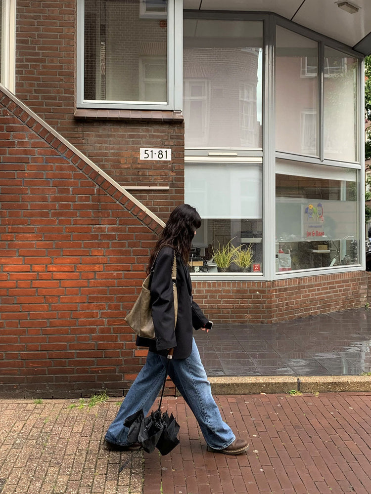 復古美刷色微鬆直筒牛仔褲