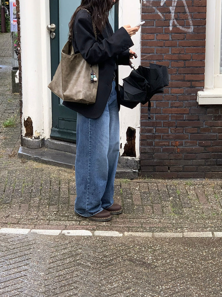 復古美刷色微鬆直筒牛仔褲