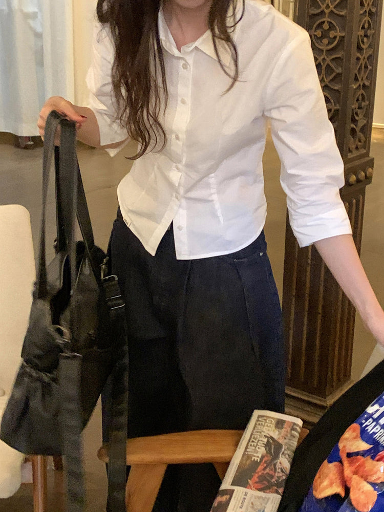 七分袖修腰層次襯衫