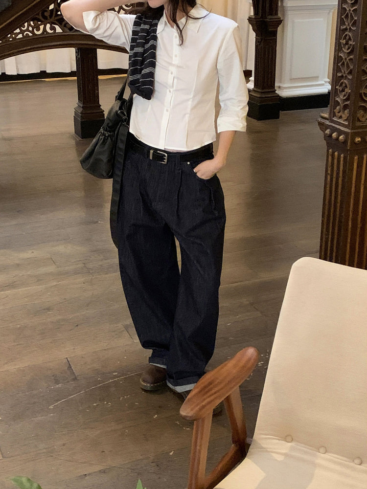 七分袖修腰層次襯衫