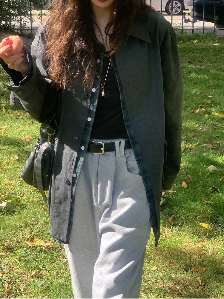 Unisex皮帶扣細節廓形棉褲