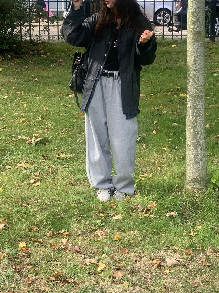 Unisex皮帶扣細節廓形棉褲