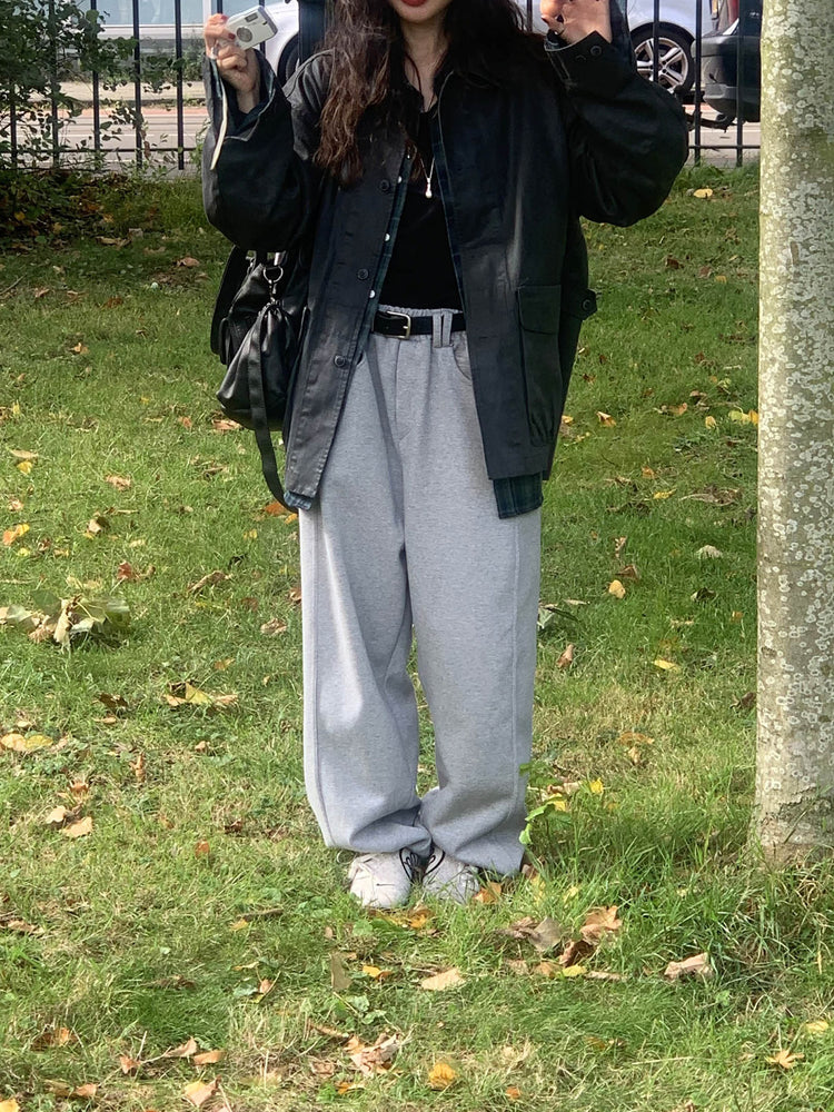 Unisex皮帶扣細節廓形棉褲