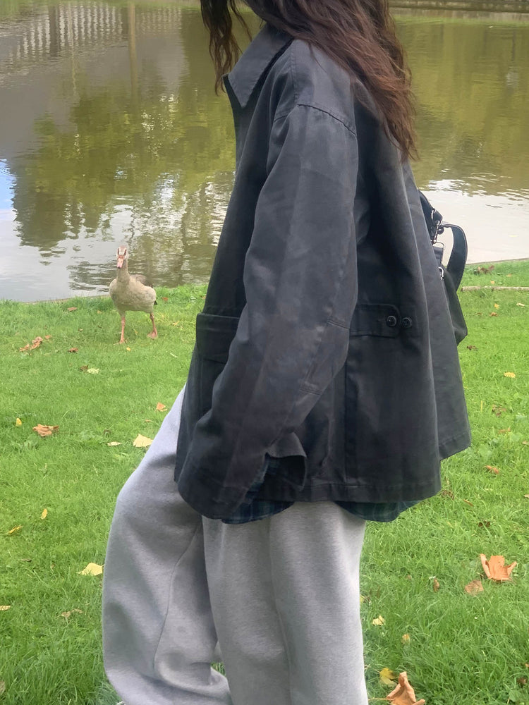 Unisex皮帶扣細節廓形棉褲