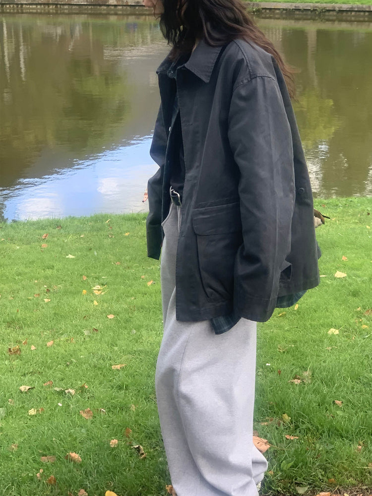 Unisex皮帶扣細節廓形棉褲