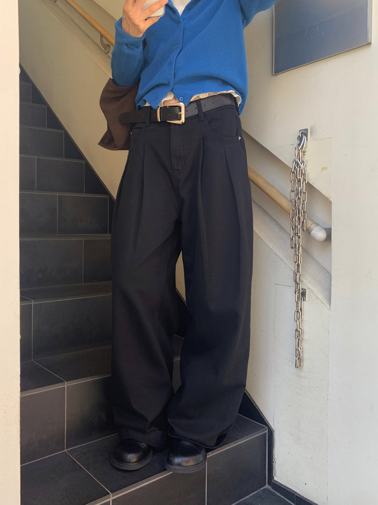 復古美色雙壓褶垂感闊褲(附皮帶)