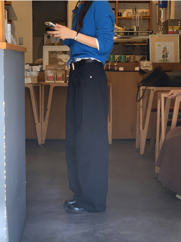 復古美色雙壓褶垂感闊褲(附皮帶)